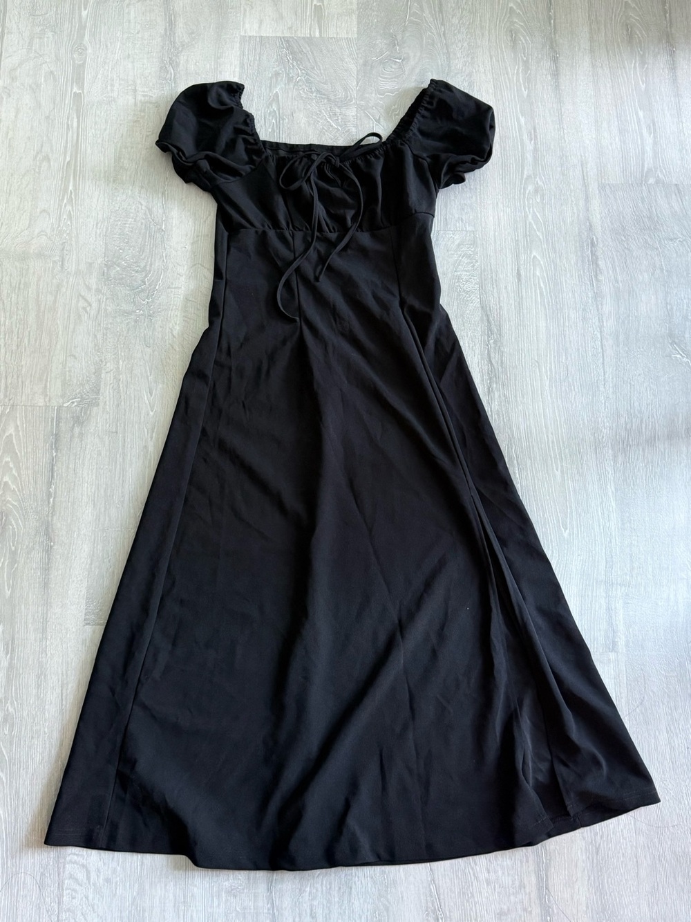 SHEIN Black Puff Sleeve Midi Dress with Tie Front